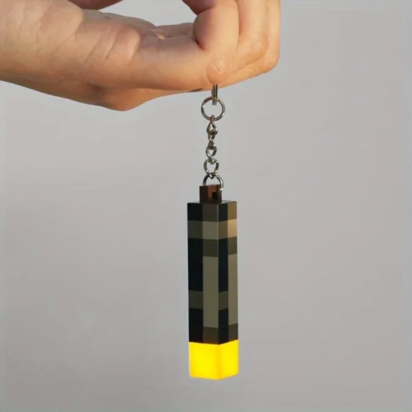 Glow-in-the-Dark Anime Gamer Keychain - Classic Torch Design with Pixelated Wooden Texture, Fashionable Plastic Pendant - Image 2