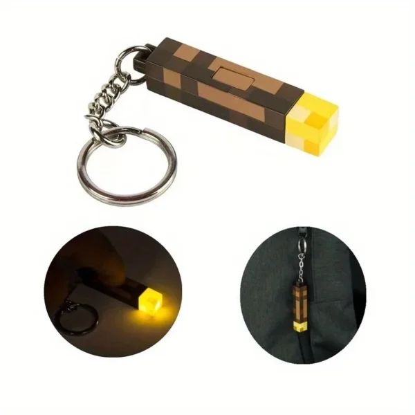 Glow-in-the-Dark Anime Gamer Keychain - Classic Torch Design with Pixelated Wooden Texture, Fashionable Plastic Pendant - Image 8