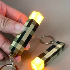 Glow-in-the-Dark Anime Gamer Keychain - Classic Torch Design with Pixelated Wooden Texture, Fashionable Plastic Pendant