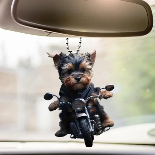 Acrylic Car Pendant Puppy Riding A Motorcycle Hanging Pendant Rearview Mirror Ornament Animal Pendant Car Interior Accessories - Image 2