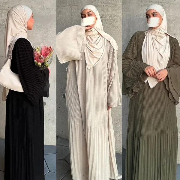 Eid Muslim Dress for Women Pleated Flare Sleeve Jalabiya Kaftan Islam Vestidos Arab Long Robe Ramadan Morocco Dubai Abayas 2024 - Image 11
