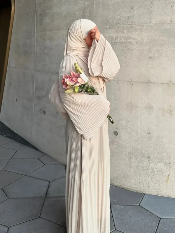 Eid Muslim Dress for Women Pleated Flare Sleeve Jalabiya Kaftan Islam Vestidos Arab Long Robe Ramadan Morocco Dubai Abayas 2024 - Image 4